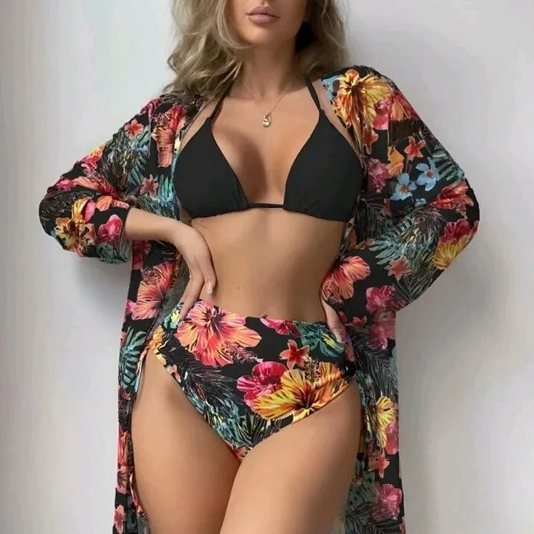 

Sexy Triangle Push Up Bikini With Mesh Cover Up Floral Print 3 Piece Swimsuit Women Bathing Suits Summer Swimwear Beach Wear