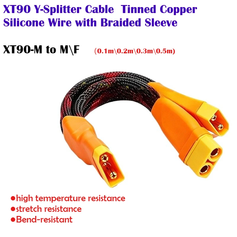 1pcs XT90 Y Splitter Cable 1 Male to 2 Female Tinned Copper Soft Silicone Wire with Braided Sleeve for RC Lipo Battery ESC Drone