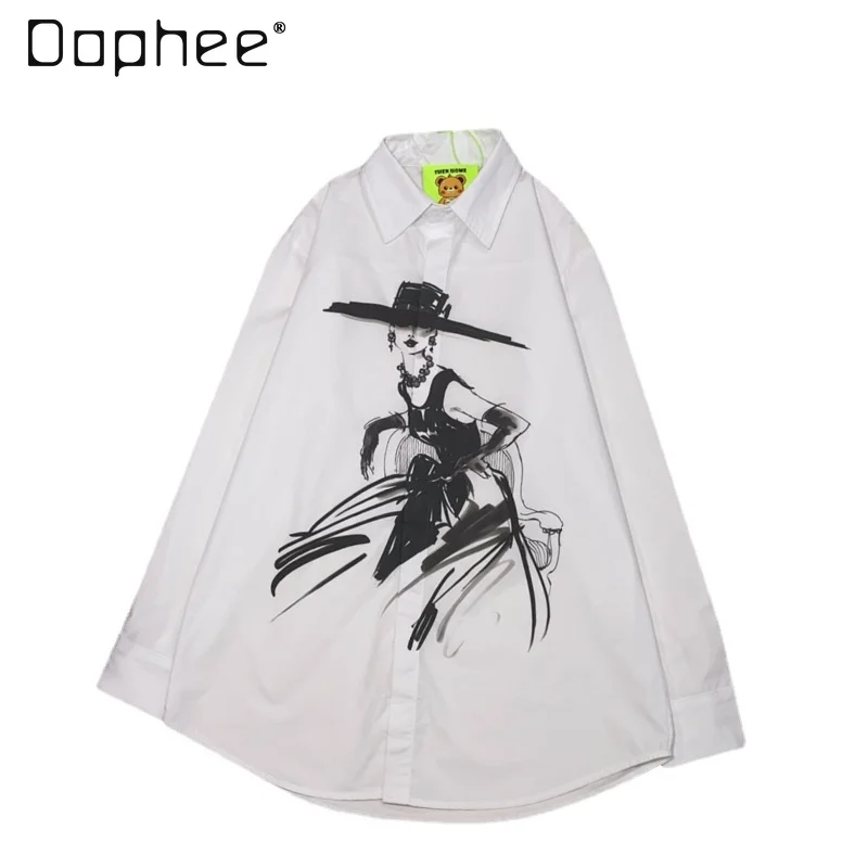 Hand-Painted Character Printed Polo Collar Long-Sleeved Shirt 2024 Spring Fashion Brand Casual Long-Sleeved White Blouse Women