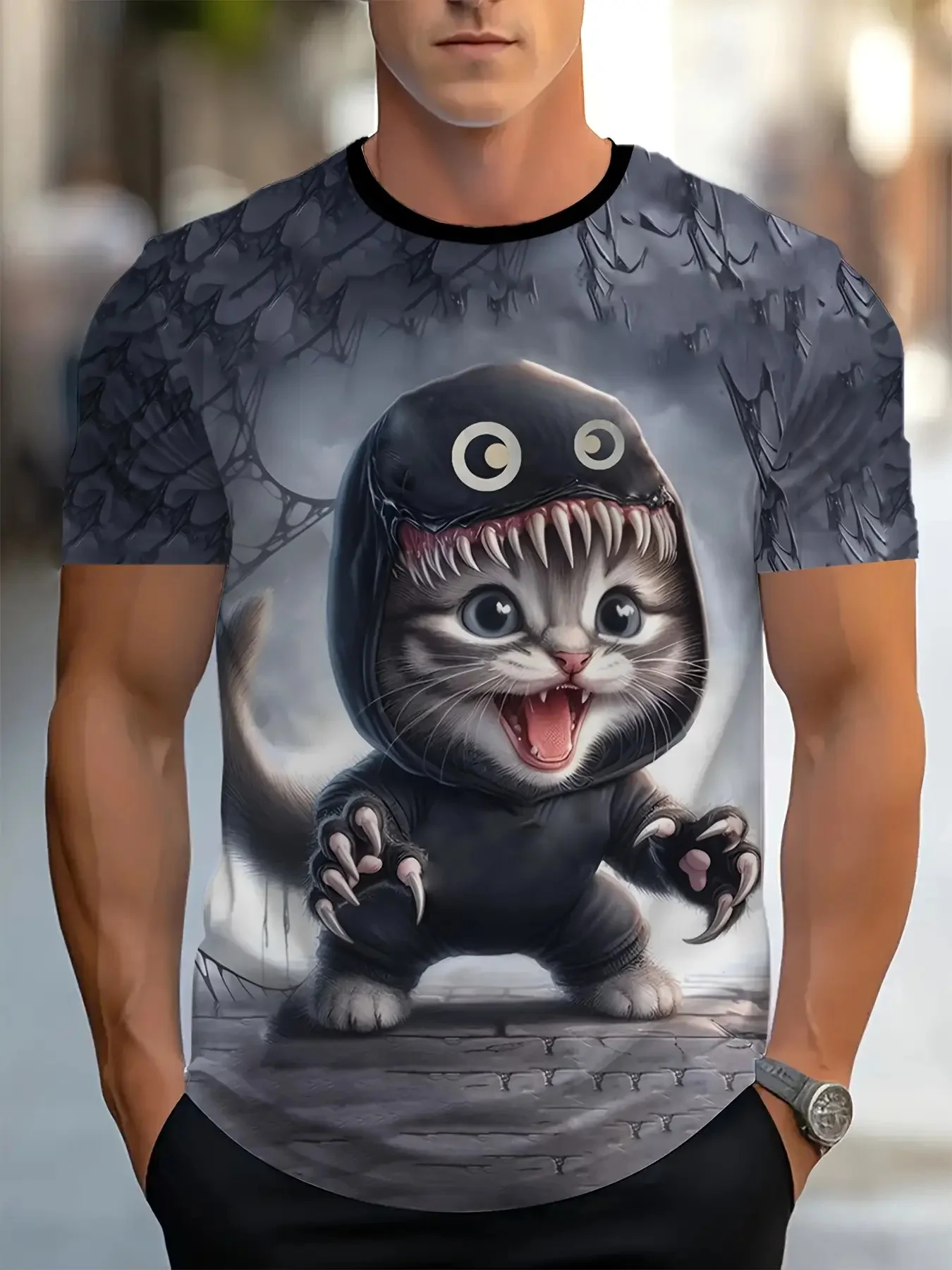 Men's Cute Tabby Cat In Monster Costume Web Background Print Crew Neck Short Sleeve Dark Cartoon Casual Tee Tops