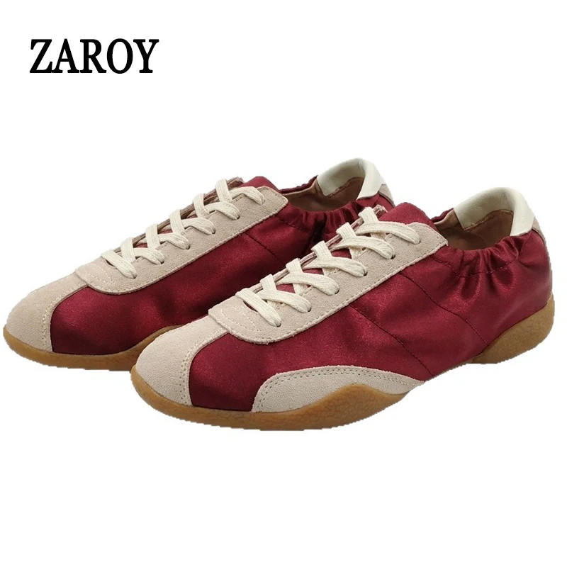 

Luxury Genuine Leather Women Sneakers Lace Up Comfor Casual Training Shoes Brand Desiger Sport Satin Ballet Flats кроссовки