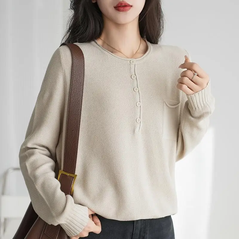 Chemise de Base tricotée à col semi-ouvert et boutons en fil de coton pur pour femmes, haut Design de pull ample et à la mode