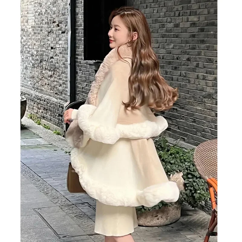 Double Layers Luxury Faux Fur Cape Coat Novelty Gradient Dyeing Knit Overcoat Cloak Winter Women Elegant Warm Cardigan Wrap Long