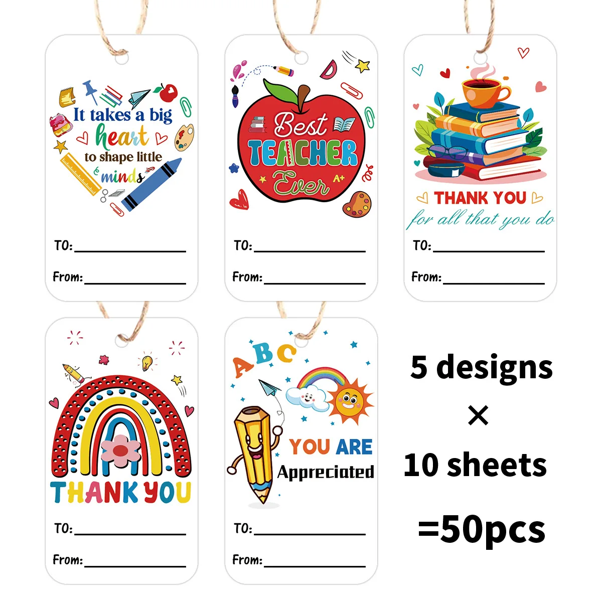 50 قطعة من علامات تقدير المعلم بحبل، ملصقات هدايا لديكور حفلات المدرسة، ديكورات معلقة لبطاقة شكر