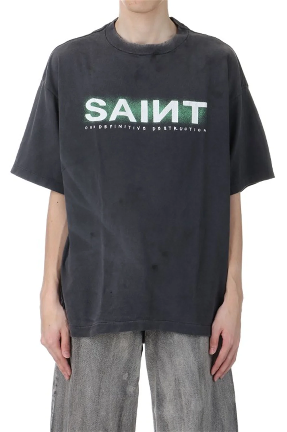 

Vintage SAINT Summer New Wash Damaged Design Short Sleeve High Street Casual Loose Street Oversize Cotton Round Neck T-shirt