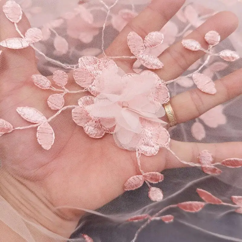 3D Embroidery Flower Mesh Fabric, Floral Wedding Tulle Lace, Summer Dress Fabric, DIY Sewing or Clothing Material, Pink