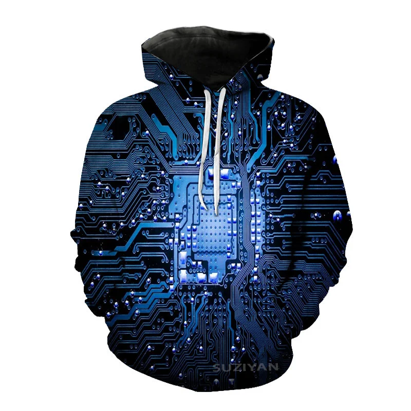 Sudadera con capucha con estampado 3D de Chip electrónico para hombre, ropa de calle de tendencia creativa, sudadera informal de gran tamaño para exteriores