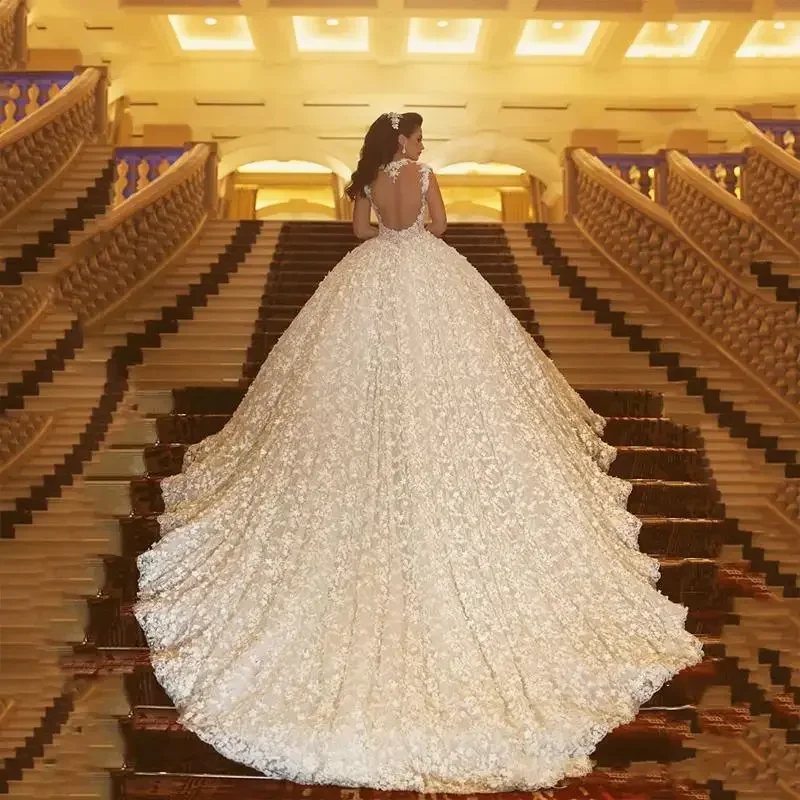 تخصيص الجمال كاب الأكمام يزين الدانتيل مطرز مسلم زائد حجم قطار الكاتدرائية Ballgown مفتوح الظهر فساتين الزفاف الزفاف