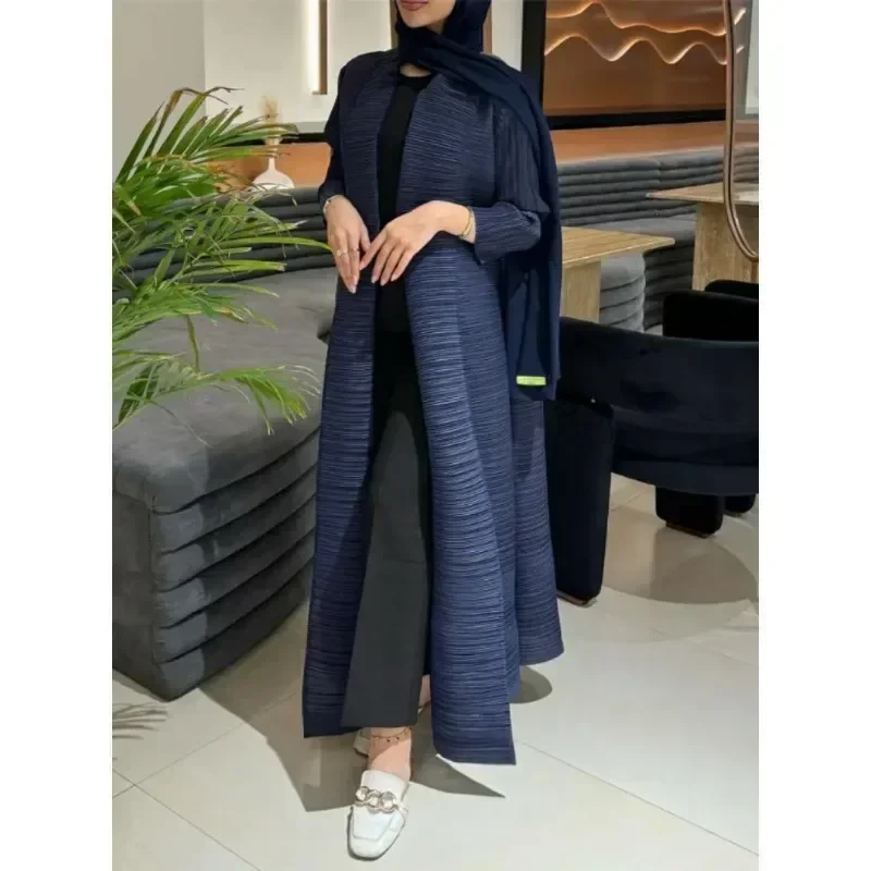 GGHK Pleated Women Luxury Trench Solid Color Lapel Long Sleeve Cardigan Vintage Design Loose Large Size Arabian Female Abaya