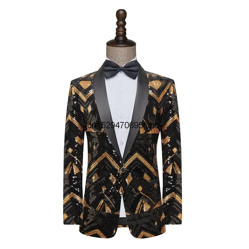 New Men's Coat Black Gold Sequins Blazer Performance Dress Host Night Club Wedding (Only Jacket)