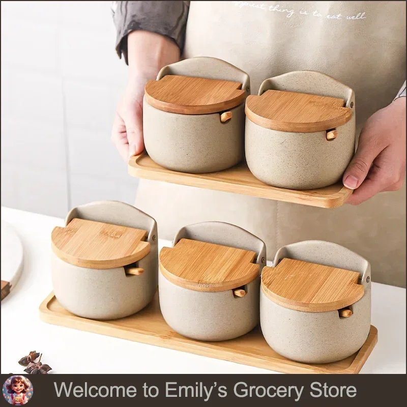 

300ml Ceramic Spices Jars Set and Tray with Spoon and Lid Sugar Container Pepper Salt Mini Portable Condiment Box Seasoning Jars