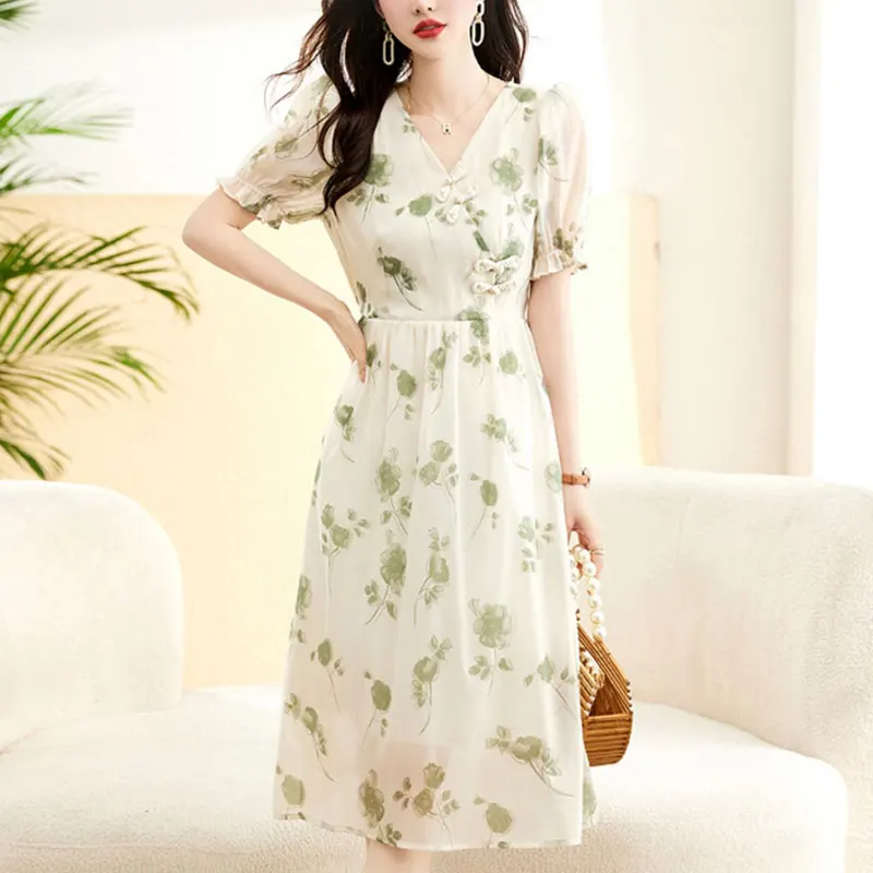 Stylish Chinese Disc Buckle Dresses Women's Clothing Short Sleeve Elegant V-Neck Summer A-Line Broken Flowers Basic Midi Dress