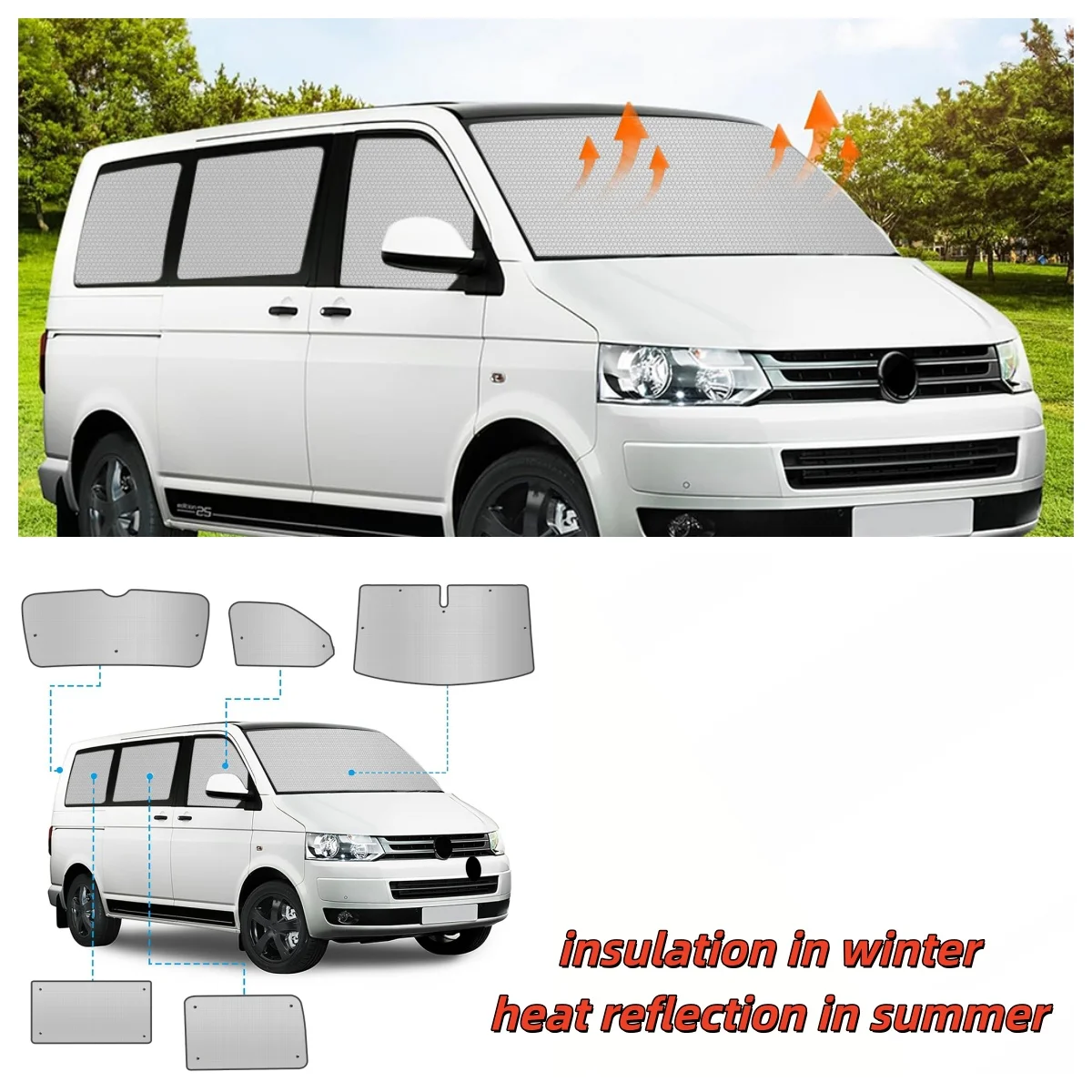 

8PC Sun Shade Car Windscreen Thickened Winter For VW T5 T6 SWB Keep Warm Sun Windscreen Protection Internal Thermal Blind Window