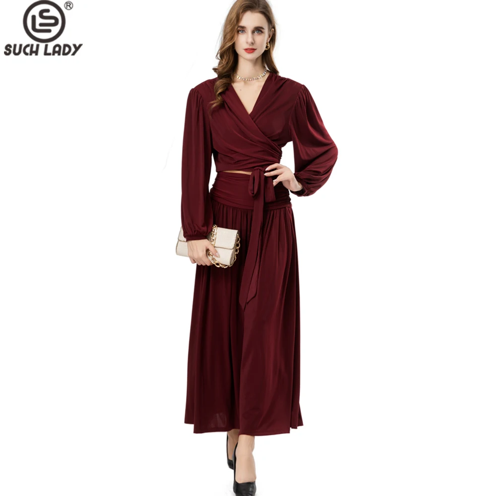 Elegant Burgundy Cross - front Maxi Two Piece Dress with Balloon Sleeves Self - Tie Belt & Flowy Skirt Twinsets