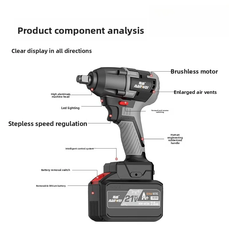 Industrial Grade Electric Wrench Brushless Auto Repair Shelf Woodworking Electric Blast Impact Wrench Handheld Disassembly Tool
