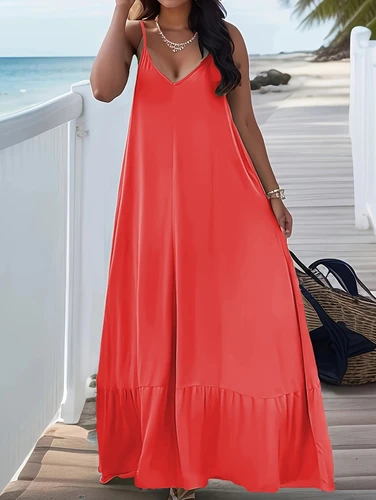 Imagen 2 del producto Vestido con tirantes de color sólido con cuello en V, novedad de verano transfronterizo para mujeres europeas y americanas de talla grande