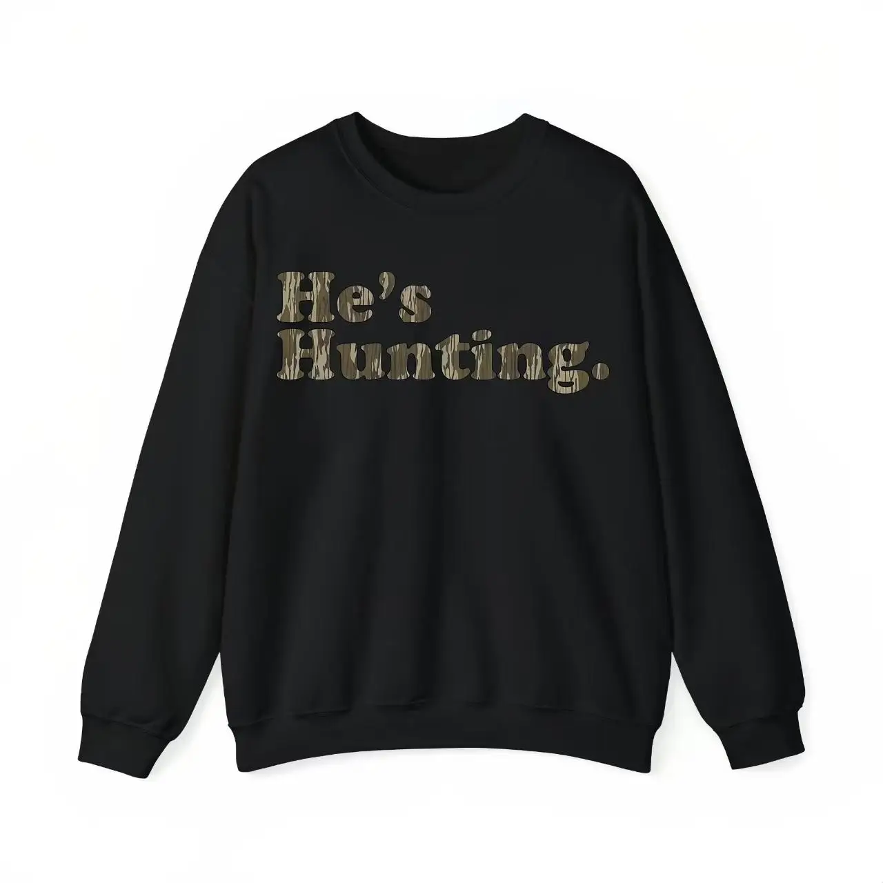 

Trendy Camo "He's Hunting" Crewneck Sweatshirt for Women, Casual Long Sleeve Pullover Tops for Outdoor Sports Streetwear