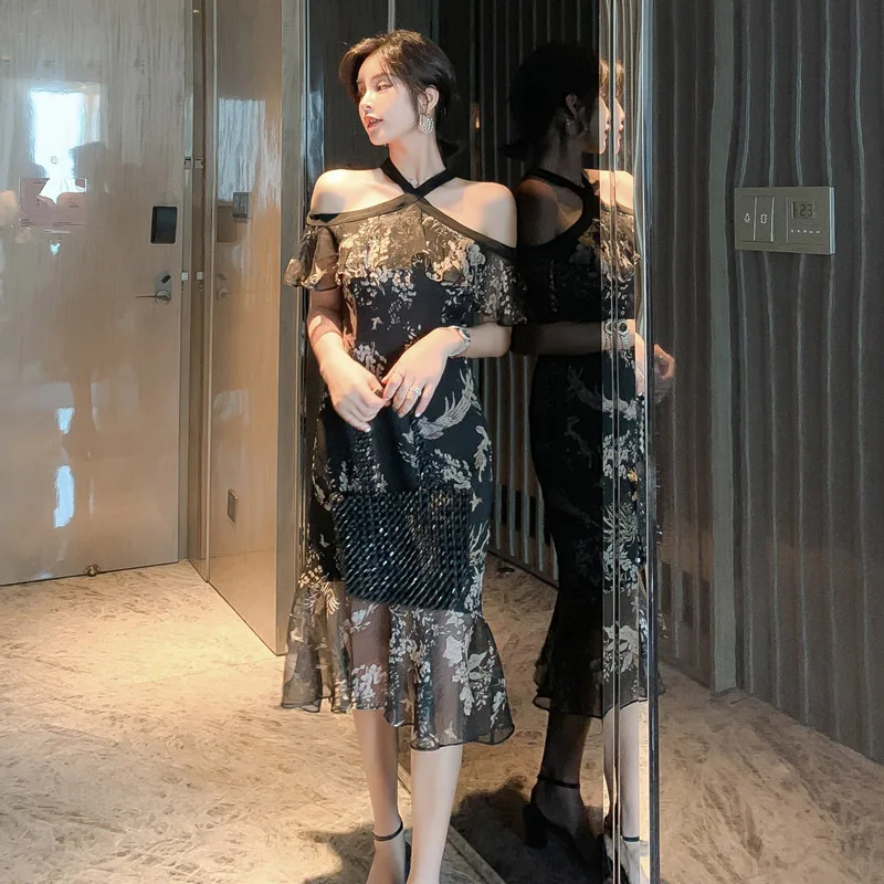 

Coigarsam Women's Summer Dress New Sexy Flounced Print Slash Neck Butterfly Sleeve Zipper Black Dresses