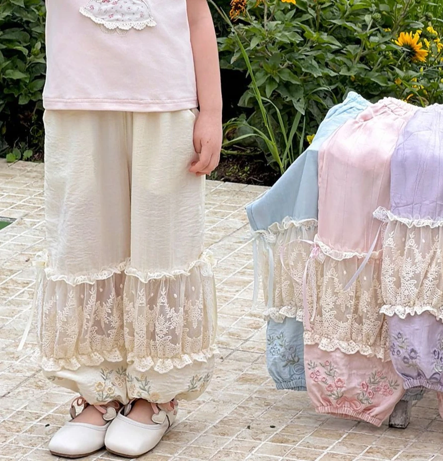 2026 Summer New Girls Mosquito Proof Pants Multi Colored Lace Embroidered Lantern Pants Girls Baby Breathable Leg Tights