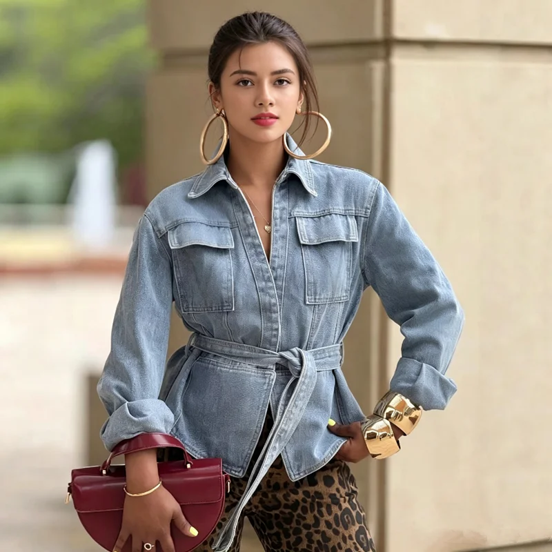 Women Light Wash Denim Jacket Lapel Multi Pockets Tie Belt Waist Cinched Cropped Jean Coat Casual Streetwear Long Sleeve Outwear
