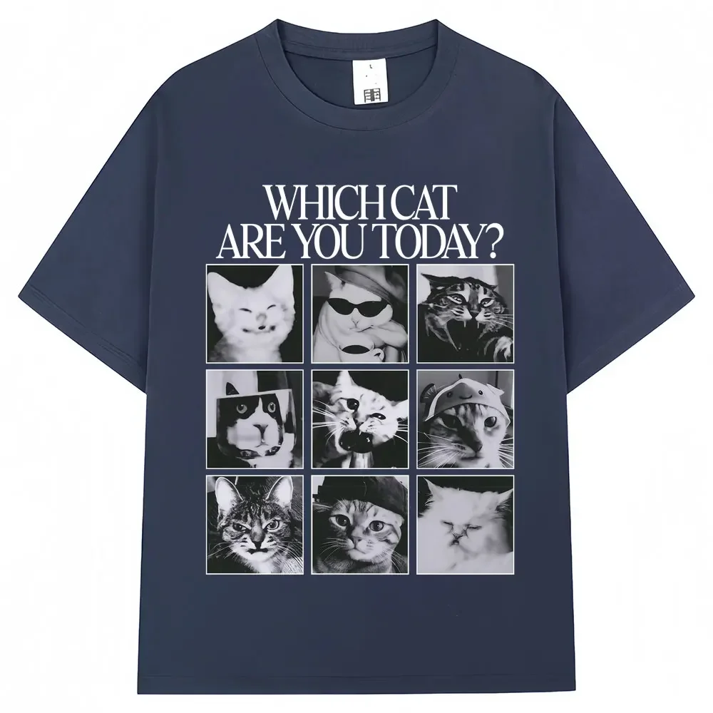 Funny Cat Meme Graphic T-Shirt, Which Cat Are You Today Vintage Loose Casual Streetwear Short Sleeve Tee For Men Women