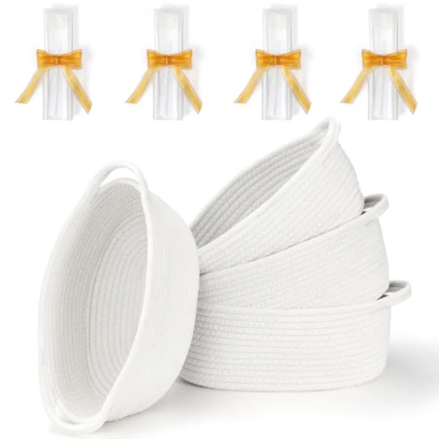 

Набор из 4 маленьких плетеных корзин с ручками, 12x8x5 дюймов, из хлопкового каната, для хранения на полках, для игрушек для кошек, милый подарок для малышей