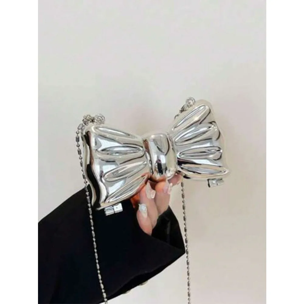 

Acrylic Electroplated Silver Bow Clutch Bag, Chain Lipstick Pouch, Jewelry Earphone Cosmetic Storage Box, Crossbody Shoulder