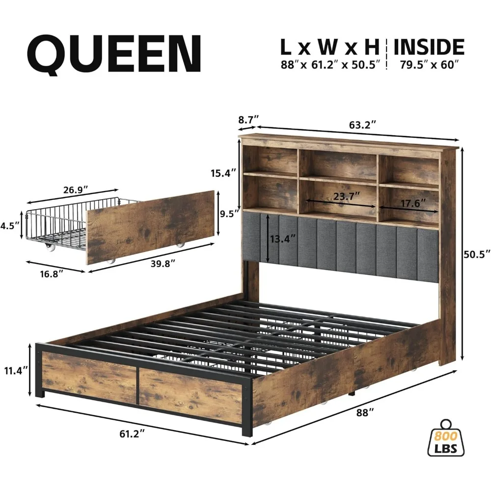 HISOFT Queen Bed Frame with Headboard, Wood Bed Frame with High Storage Bookcase, 4 Storage Drawers & LED & Charging Station,No