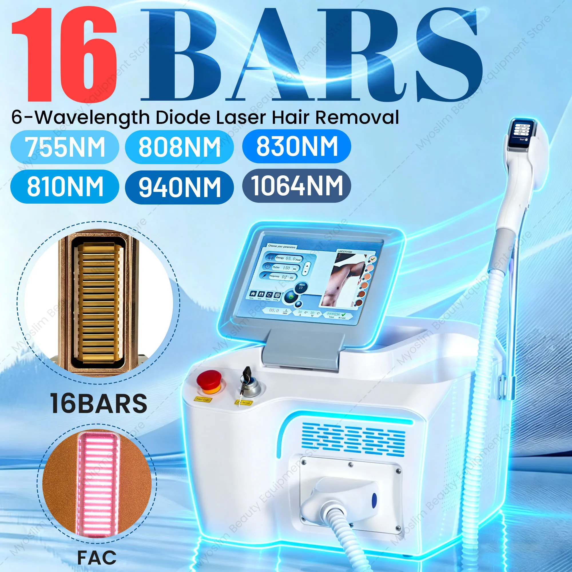 808 Diode Laser Hair Removal FAC Permanent Painless 6000W Professional Four Wave 10Bars Ice Titanium Body Hair Removal Device