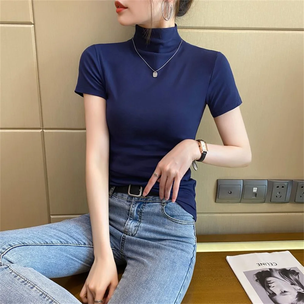 

New 2026 Summer New Arrival Blue Turtleneck T-Shirt for Women Short Sleeve Casual Slim Top Vintage Fashion Tees Simple All Match