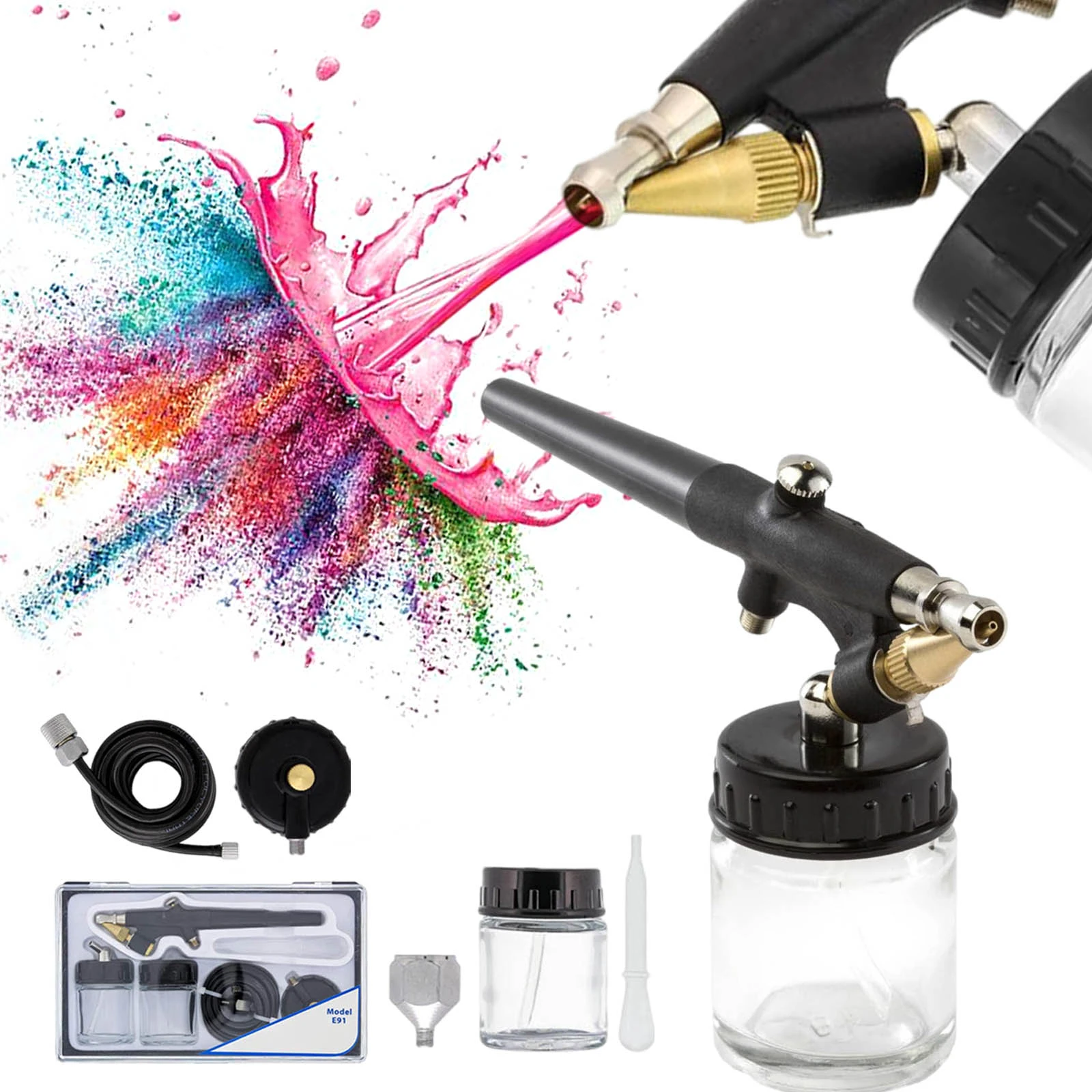 6x Mini Airbrush Spray Gun Kit Hobby Paint Starter Tools Set Single Action 0.8mm 15-50PSI 20CC Black