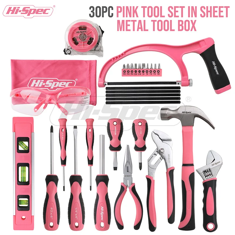 Hi-Spec Lady Household Repair Tool Set 30pc Manual Tools Woodworking Hand Tools With Screwdriver Plier In Pink Metal Tool Box