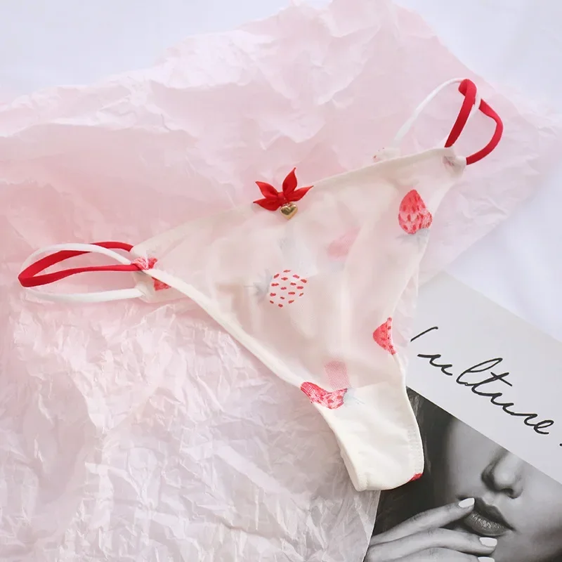 Bragas sexis transparentes de fresa y cereza, ropa interior sin costuras de cintura baja para mujeres, lindas chicas, tangas de malla con espalda en T