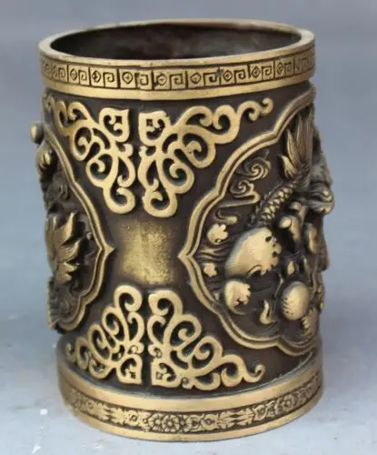 China Bronze FengShui Fly Dragon Brush Pot Barrel Pen container Pencil Vase