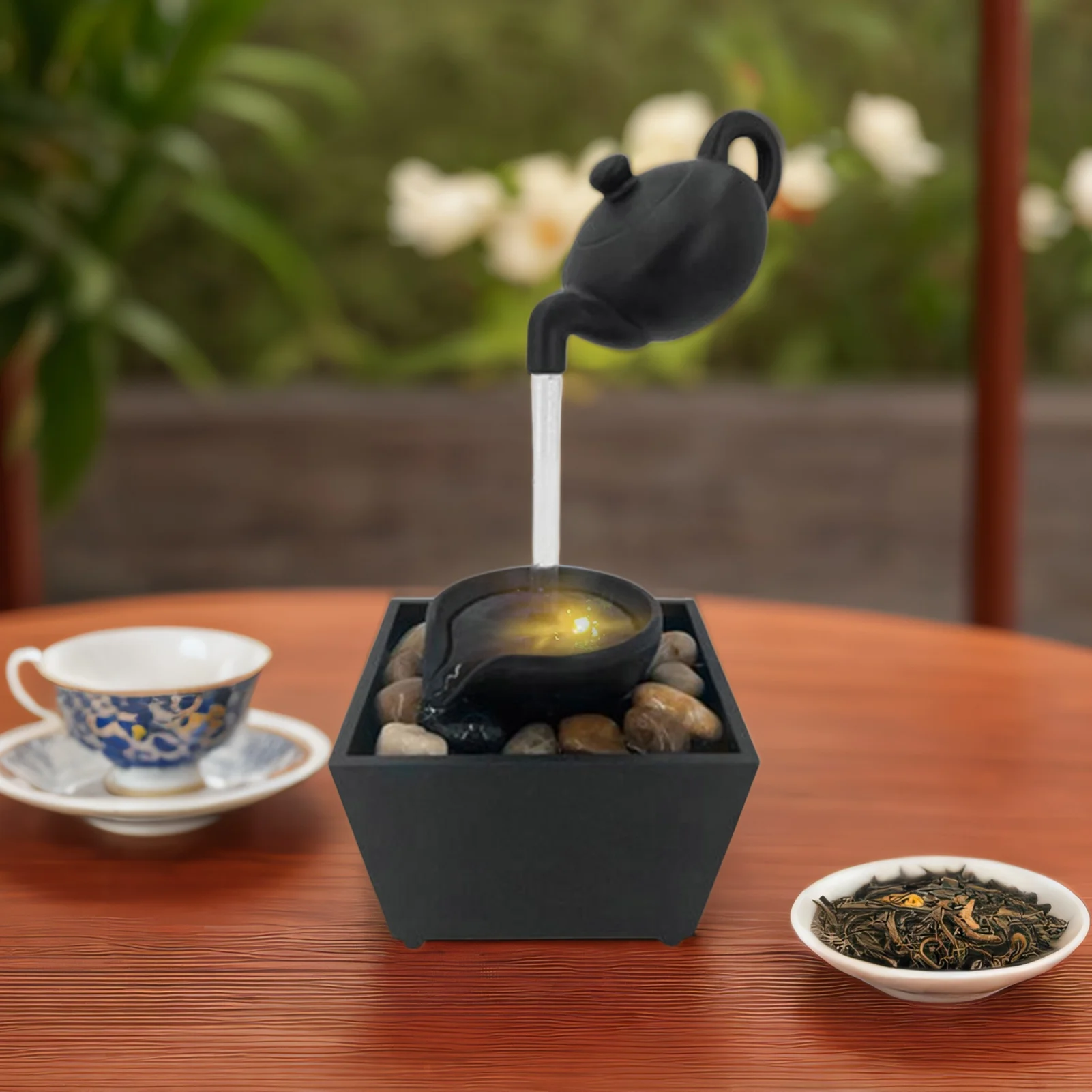 Floating Teapot Water Fountain Ornament Indoor Tabletop Waterfall Decoration with LED Light Stones Home Office Table Decor