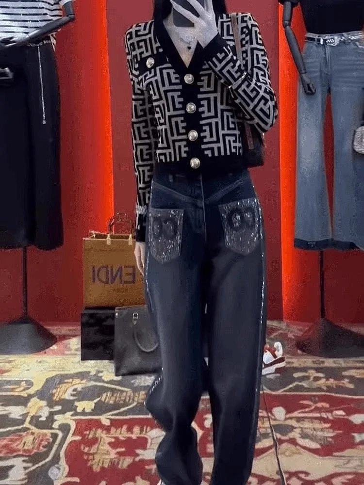 Cintura alta solta ajuste emagrecimento strass denim jeans feminino casual calças compridas outono coleção perna reta mistura de algodão azul