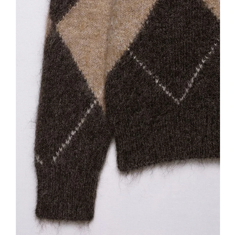 MUJER Argyle لاعبا بلوزات نسائية بدون أكتاف مقصوصة للنساء بلوفرات عتيقة للخريف ملابس تريكو سترة نسائية قمصان