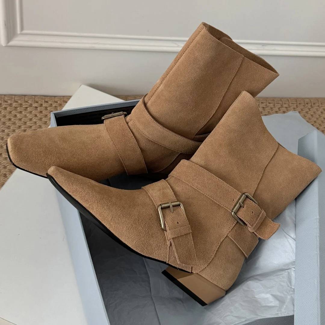 

Женские осенние ботильоны без шнуровки из натуральной замши с квадратным носком и двойной металлической пряжкой, повседневные женские короткие ботильоны в стиле панк