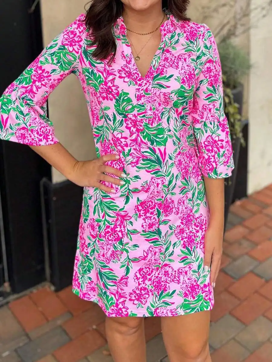 

V-Neck Pink Floral Tunic Dress For Women, 3/4 Bell Sleeves, Loose Straight Silhouette, Ruffled Hem, Machine Washable