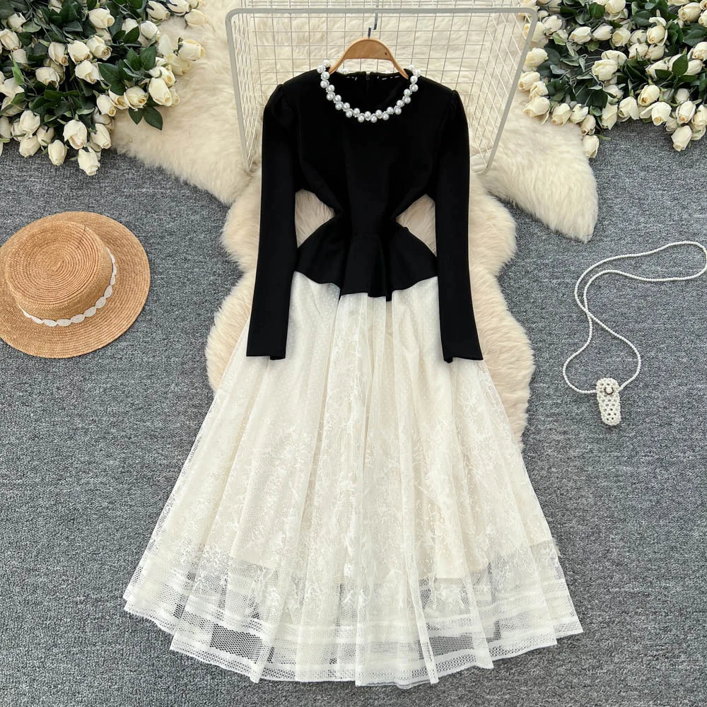 

2026 Women Dresses Y2k Lace Dress Spring Embroidered Flares Round Neck Long Sleeves Ankle Length Slight Stretch Casual Autumn