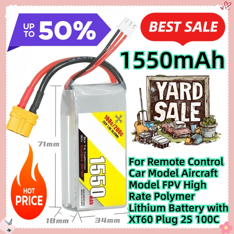 

1550mAh 7.4V For Remote Control Car Model Aircraft Model FPV High Rate Polymer Lithium Battery with XT60 Plug 2S 100C