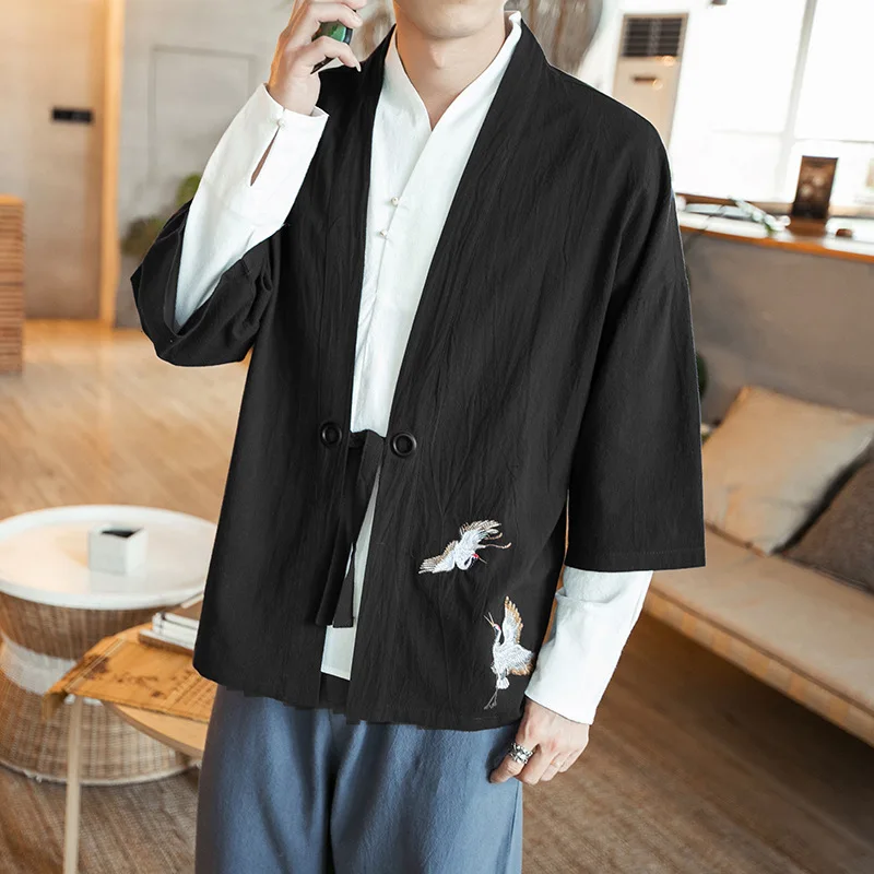 Chinese Style Embroidered Open Front Hanfu Jacket Men's Loose Casual Outerwear