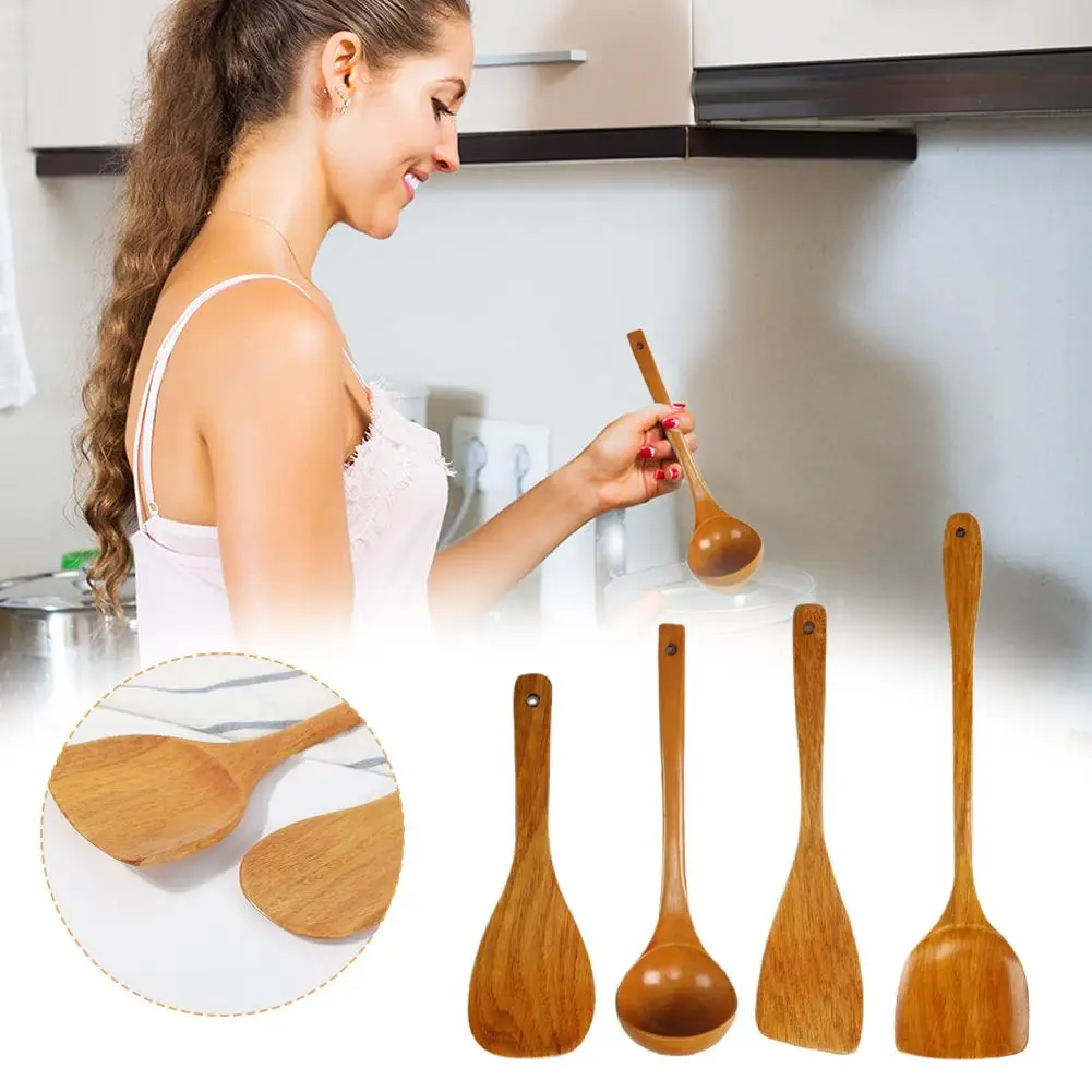 Juego de 4 Utensilios de Cocina de Madera Natural, Cucharas para Cocinar, Utensilios de Cocina Antiadherentes, Juego de Cucharas de Madera de Teca Lisa