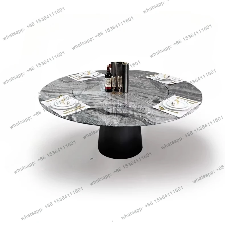 Brown luxury stone round dining table with turntable 1.2 meters brown natural marble inlaid turntable dining table