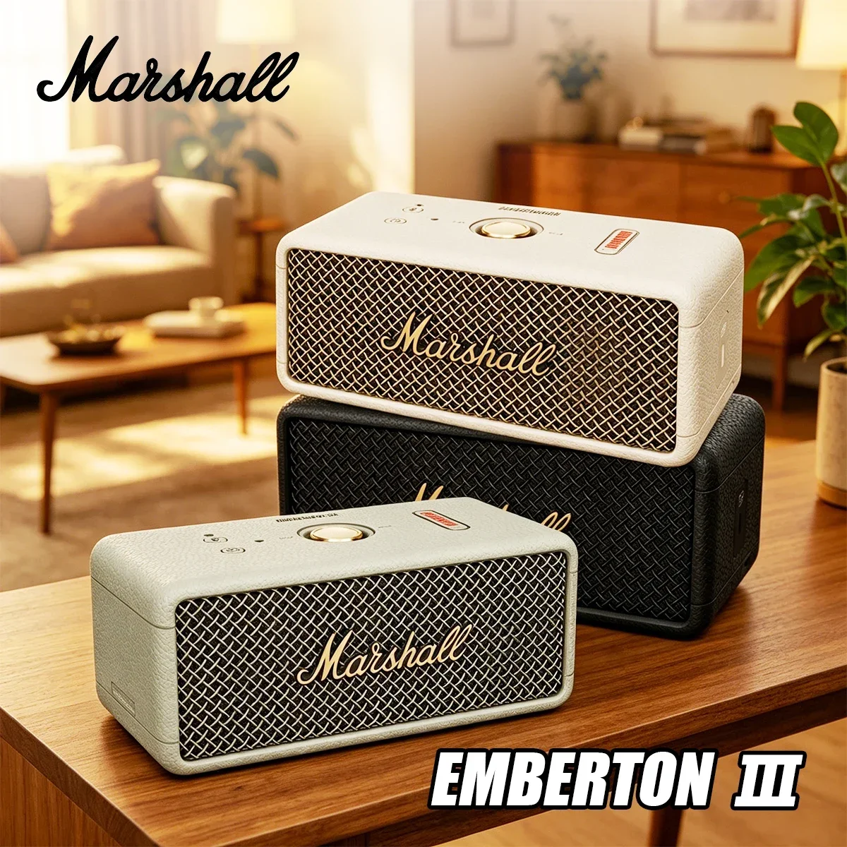 Caixa de Som Bluetooth Portátil Marshall Emberton III 3, Resistente à Água, Som Estéreo Alto com Graves Profundos, Caixa de Som Sem Fio para Uso Externo