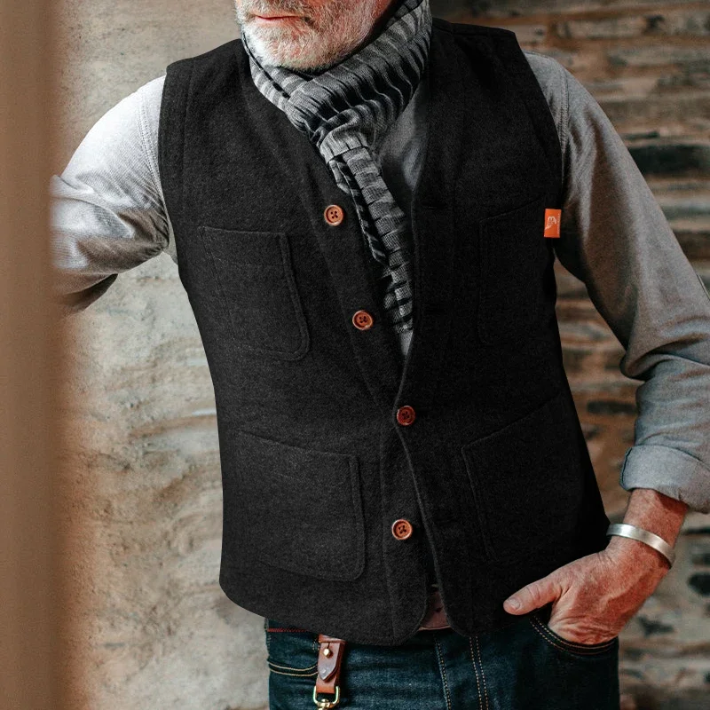 V-neck fashion suit wool vest, men\'s retro style solid color single-breasted vest, suitable for spring and autumn dinner suits