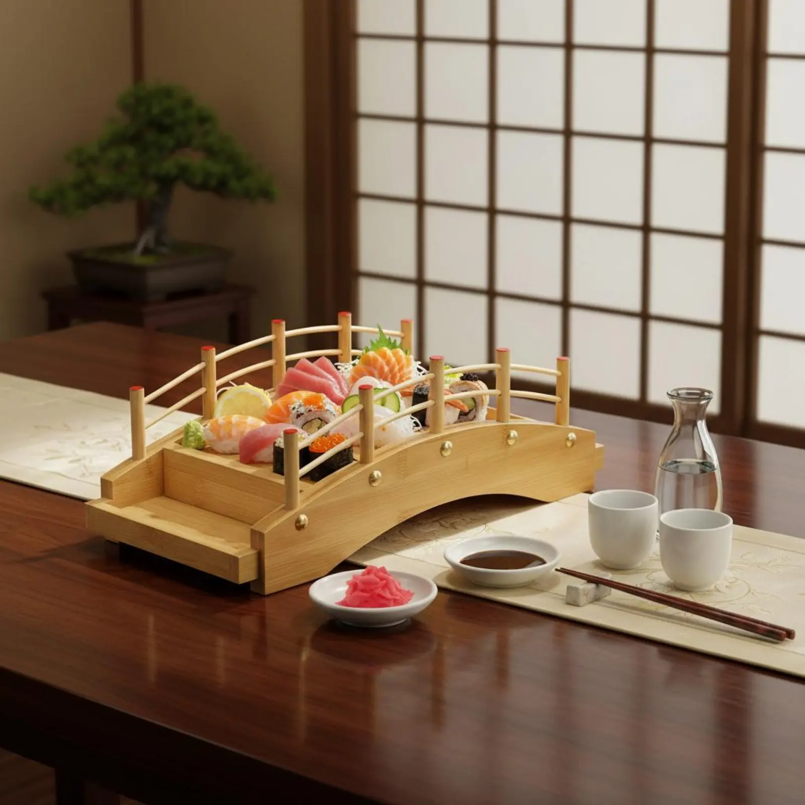 

Sushi Boat Serving Tray Fine Polishing Sushi Bridge Platter Bamboo Sashimi Tray Sturdy Construction for Catering Events, Parties