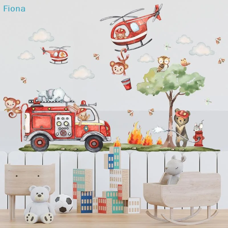 ☭Cartoon Animal Fire Fighting Truck Children Wall Stickers For Nursery Kids Room Baby Bedroom Decoration