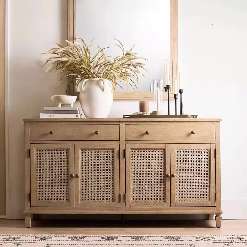 

Handmade solid wood sideboard with vintage style bedroom wardrobe drawer natural rattan locker designed for foyer