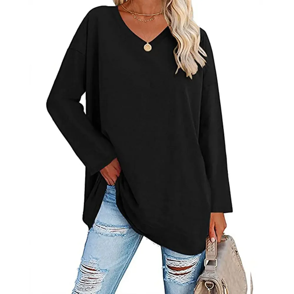 Customizable Loose Long Sleeve Fashion V-neck Knit Top Large Plus Size Tops Women Autumn Summer Solid Blouse Long Sleeve V Neck